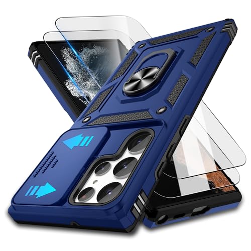 For Samsung Galaxy S22 Ultra Case with Camera Lens Cover & HD Screen Protector(2 Pack), [10FT Military Grade Drop Protection] Magnetic Ring Holder Kickstand Protective Case for Galaxy S22 Ultra, Blue