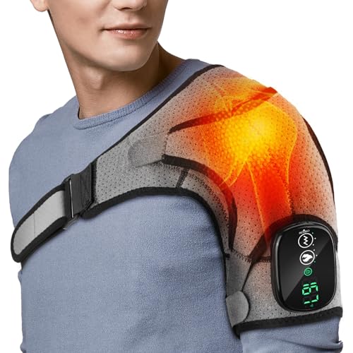 Heated Shoulder Massager Brace Support with Vibration, Heating Electric Shoulder Wrap with Massage, 3 Modes Cordless Vibration Shoulder Pad for Men and Women, Fits for Left or Right Shoulder, Grey