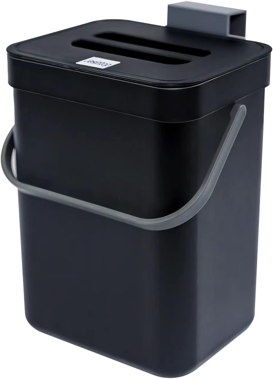 Jesintop Compost Bin for Kitchen Countertop Under Sink,Bathroom Hanging Small Trash Can with Lid,Mountable Food Waste Bucket,1.3 Gal/5 L Series,Black