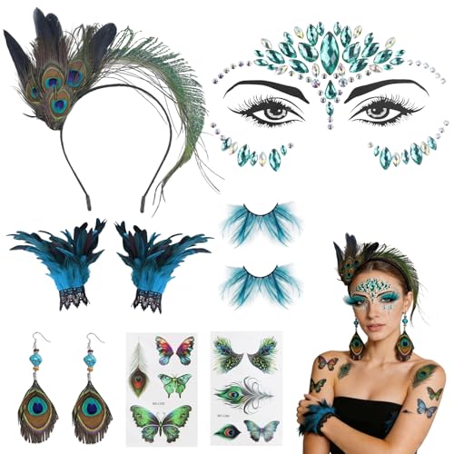 HA BIN Kostüm Pfau Damen - Kopfschmuck + Glitzersteine Gesicht + Federarmband + Wimpern Federn + Tattoos Pfauenaccessoires Perfekt für Karneval Cosplay und Halloween