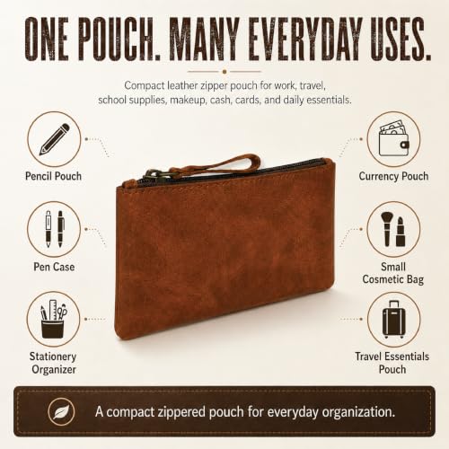 Image of Leather Pencil Pouch Money Bag, Tan | Currency Pouch, Zippered Pouch, Pen and Marker Case, For Artists & Professionals