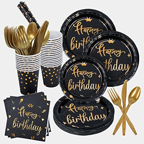 160 Stück Happy Birthday Partygeschirr Set für 20 Gäste,Kindergeburtstag Schwarz Gold Wiederverwendbar Geburtstag Pappteller mit Pappbechern Servietten Strohhalmen für Geburtstagsparty Cover
