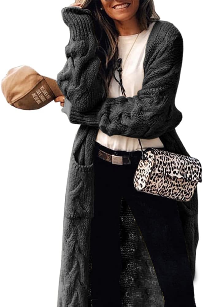 ZIWOCH Women's Long Cardigan Coats Cable Knit Casual Open Front Long Sleeve Loose Sweater with Pockets