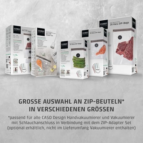 CASO Vacu OneTouch Eco-Set, Handvakuumierer inkl. 3 Vakuumbehälter aus Glas, 10 ZIP-Beutel und Food Manager Sticker, kabellos, bis zu 150 Minuten Laufzeit, aufladbar, Schwarz