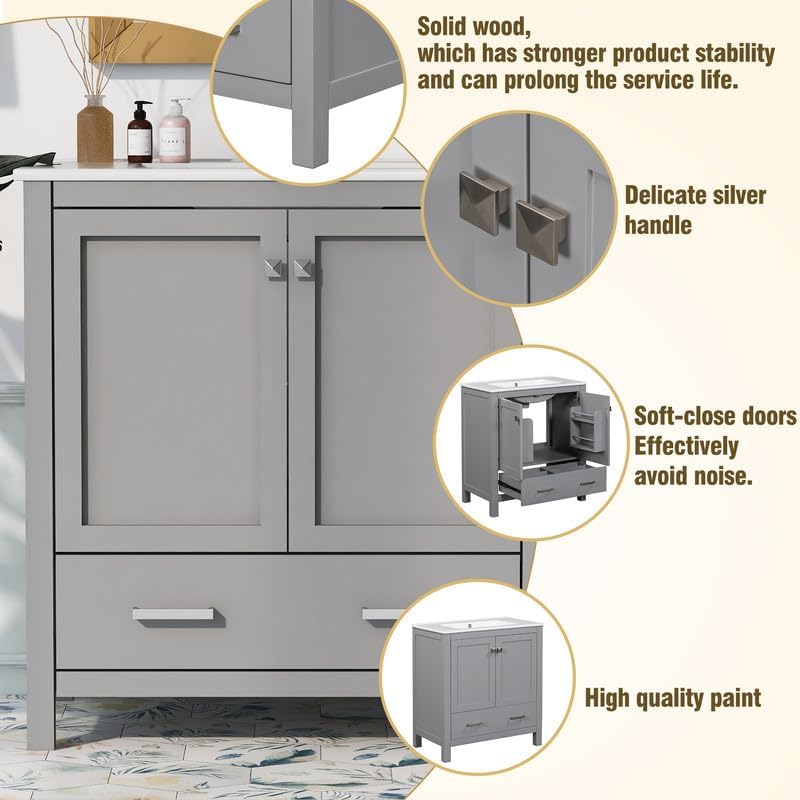 30" Bathroom Vanity with Single Sink, Modern Freestanding Solid Wood & MDF Cabinet with 2 Soft-Close Doors and Drawer, Ceramic Undermount Sink, Transitional Style Bathroom Storage Cabinet, Grey