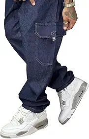 Calça Cargo Jeans Elástico E Cordão Na Cintura Bolsos Laterais