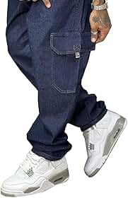 Calça Cargo Jeans Elástico E Cordão Na Cintura Bolsos Laterais