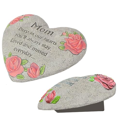 UGKIamous Heart Memorial Stone for Mom, Memorial Garden Stone-in Memory of Loved One Gifts,Durable Resin Indoor/Outdoor Garden,Home,Grave Decor