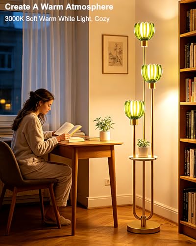 Image of Lightdot 3-Lights Glass Floor Lamp for Living Room Modern Gold Floor Lamps with Lotus Green Glass Shade& Bulbs Included for Wedding /Party Tall Standing Lamp for Bedroom /Sofa Beside /Corner Decor