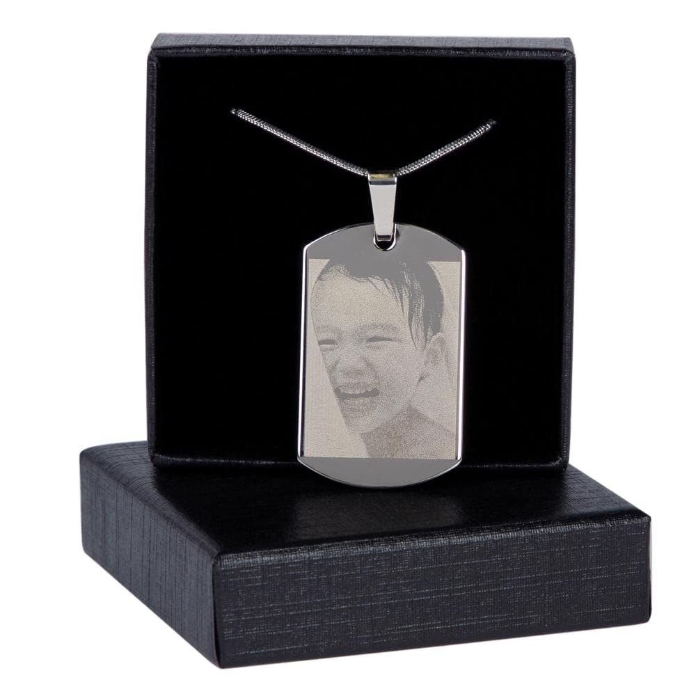 Pendentif Rectangle personnalisé – Gravure Photo et Texte sur ce Bijou en Acier argenté – Cadeau Femme et Homme Unique à Personnaliser