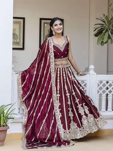 Image of TRENDMALLS Art Silk Embroidery Sequence Work Lehenga Choli Unstitch Blouse With Dupatta For Women (New-Bridal-Latest-Wedding-Sequence-Lehenga-Designer)