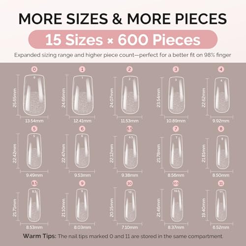 Image of MelodySusie Medium Square X Nail Tips- 600Pcs 15 Sizes Clear Acrylic, Half Matte Full Cover Press on Nails for DIY Extension & Salon Use, Pre-Shaped for Long-Lasting Manicure