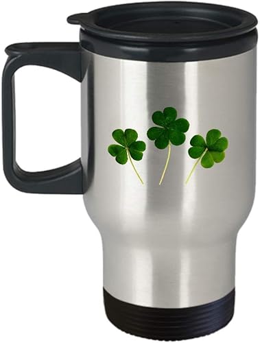 St. Patrick's Day Travel Mug Insulated Coffee Tumbler - Irish Themed Lucky Shamrock Four Leaf Green Clover Good Luck Happy Saint Patrick St Paddy