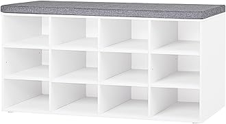 DINZI LVJ Multifunctional Shoe Storage Bench with Cushion, 12 Cubbies, Adjustable Shelves, White Wooden Bench