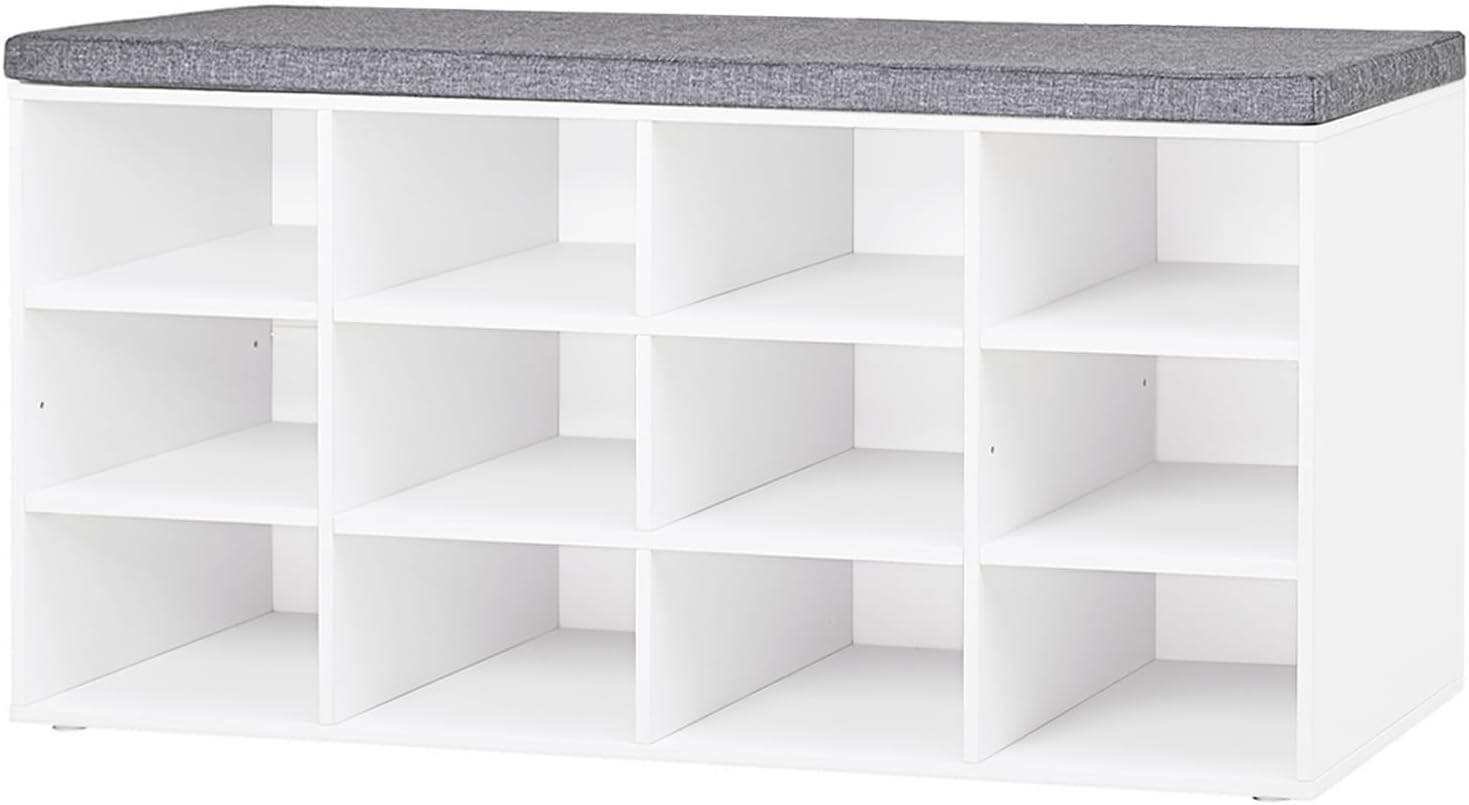 DINZI LVJ Multifunctional Shoe Storage Bench with Cushion, 12 Cubbies, Adjustable Shelves, White Wooden Bench