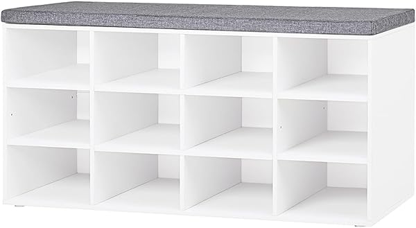 DINZI LVJ Shoe Storage Bench with Cushion, Cubby Shoe Rack with 12 Cubbies, Adjustable Shelves, Multifunctional Shoe Organizer Bench for Entryway, Mudroom, Hallway, Closet and Garage, White