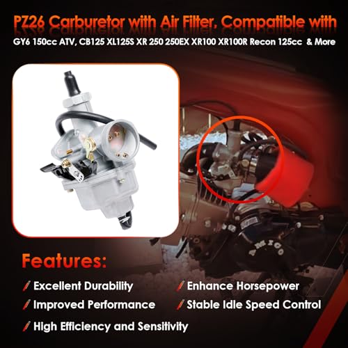 Image of PZ26 Carburetor with Air Filter Replacement for 1981-1984 Honda XR100, 1985-2004 XR100R, 2004-2013 CRF100F, TRX250, TRX250EX Recon, CB125, Taotao & More (Pack of 2)