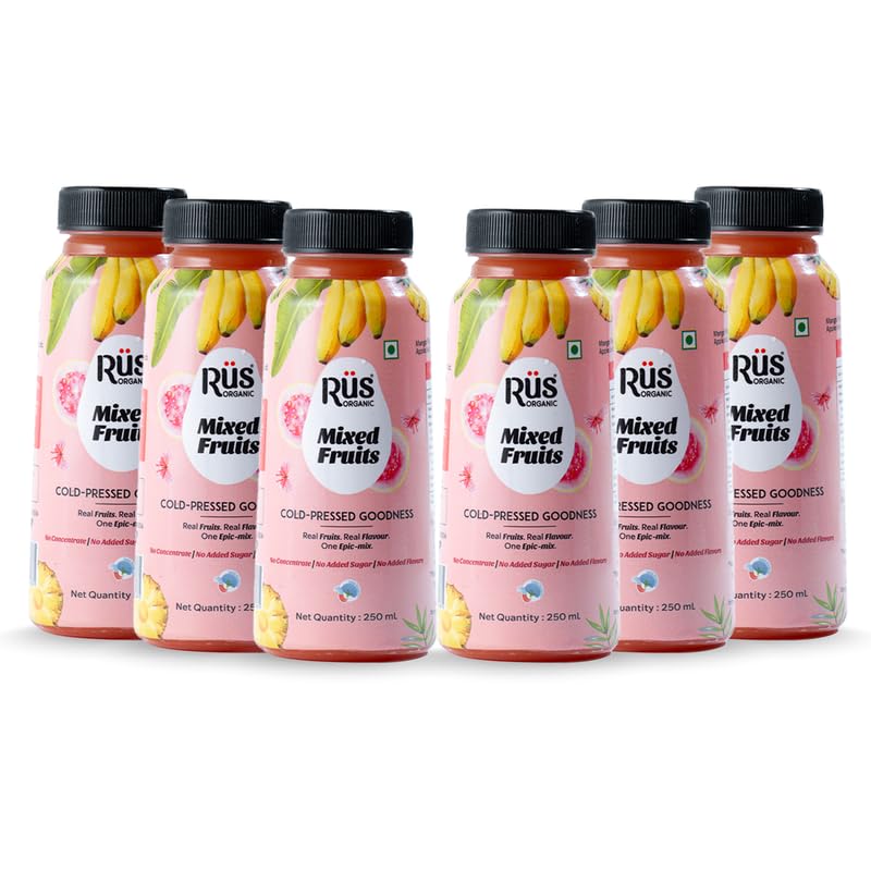 Image of Rus Organic Mixed Fruit Juice | Cold Pressed Organic Drinks | Pack of 6 (250ml Each) | No Added Sugar, Preservative-Free | Multi-Fruit Blend for Daily Vitality
