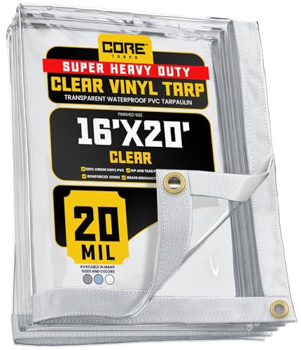 Core Tarps 20 Mil Extreme Heavy Duty Clear Tarp with Grommets - 16x20ft Super Clear Tarps Heavy Duty Waterproof Vinyl Tarpaulin, Transparent Tarp for Outdoor, Camping & Construction, Clear