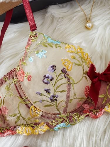 Image of Sexy Floral Embroidered Flower Mesh Underwire Push Up Lingerie Set