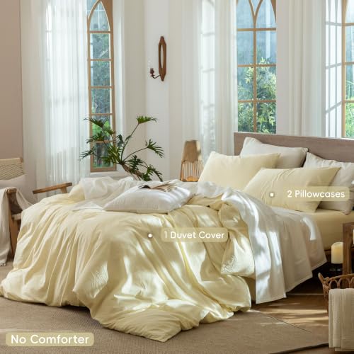 Image of MooMee Striped Duvet Cover Set 100% Washed Cotton Linen Like Queen | Relaxed Linen-like Texture. Soft, Breathable & Long-lasting Comfort. Lightweight. Hidden Zipper with 8 Interior Corner Ties