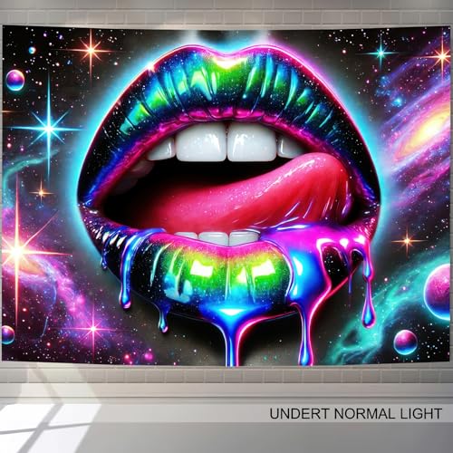 Image of BlissYard Blacklight Tapestry UV Reactive Tapestry Wall Hanging 78x59 Inches Cosmic Rainbow Lips Wall Hanging, Fluorescent Art Decoration for Bedroom, Living Room, and Parties