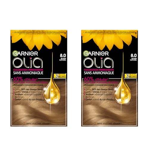 Garnier Olia Teinture Permanente pour Cheveux Sans Ammoniaque Coloration avec des Huiles de Fleurs d’Origine Naturelle à Action Illuminante et Nourrissante Couleur 8.0 Blond Clair - 2 Packs