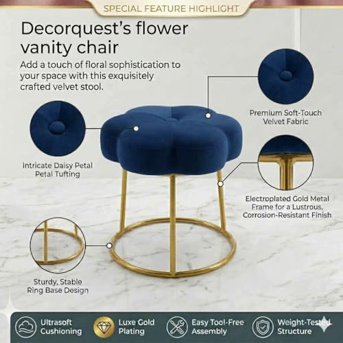 Image of Flower Ottoman Foot Stool for Bedroom and Living Room, Round Makeup Vanity Chair with Metal Legs and Soft Padded Seat-Blue