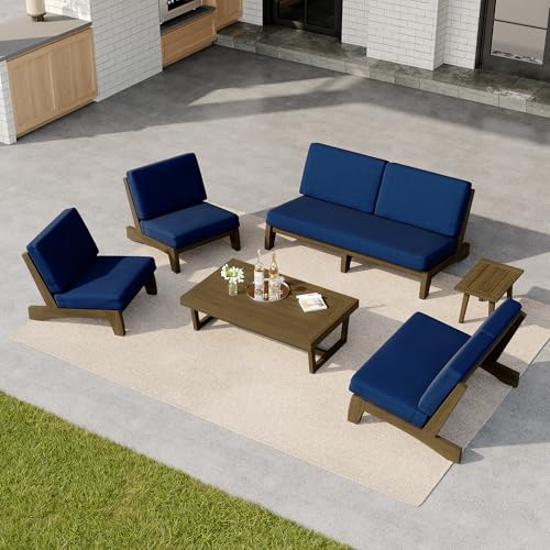 Image of Pia Ricoo 6-Piece Patio Furniture Set, Outdoor Wood Sofa with Loveseat, 2 Chairs, Coffee Table & Side Table, All-Weather Conversation Set for Backyard /Deck /Lawn - Navy