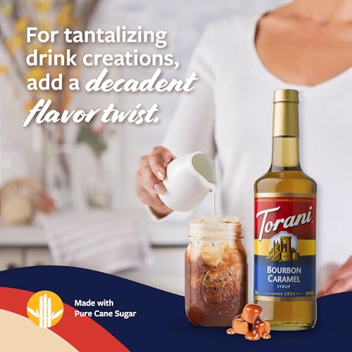 Image of Torani Coffee Syrup, Bourbon Caramel Flavoring for Drinks, Glass Bottle with Pump Included, 25.4 Fl Oz