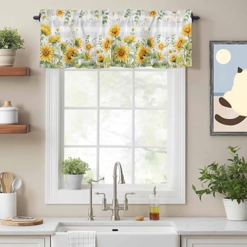 カフェカーテン 小窓用 152×45cm ヒマワリ 花 葉っぱ 田園風 レトロ グレーのチェック カーテン UVカット 防寒 保温 おしゃれ 省エネ 洗える 間仕切り 目隠し 書斎 喫茶店 洗面所 店舗飾り [2]