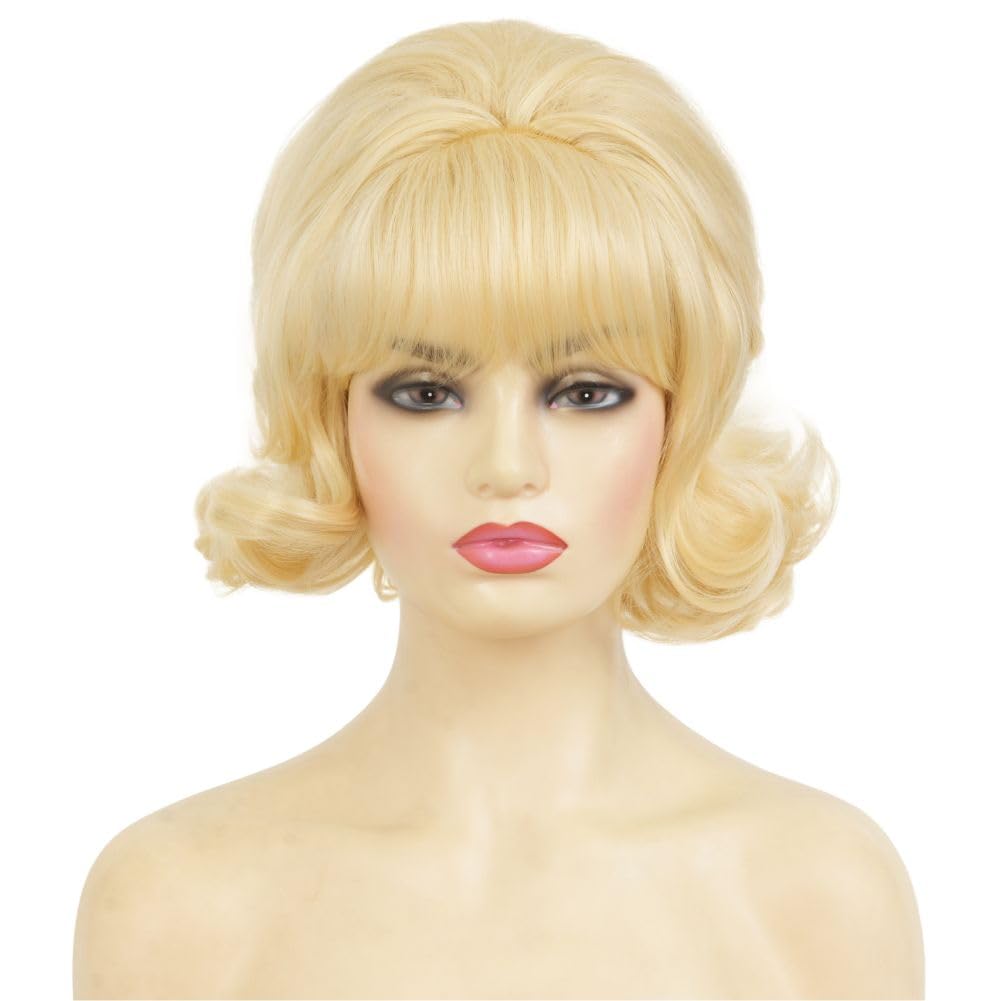 Blonde Vintage Curly Cosplay Wigs for Women Bouffant Beehive 50s 60s Retro Costume Hair Wig with Bangs for Halloween Party Use - Image 2