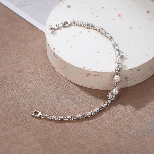 Crysdue Cubic Zirconia Simulated Pearl Bridal Wedding Leaf Filigree Tennis Bracelet for Brides Bridesmaid Birthday Mothers Christmas Valentines Day Jewelry Gifts for Women4