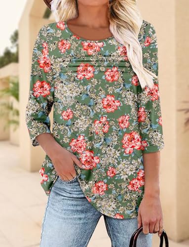 KISSMODA Women's Casual 3/4 Sleeve T-Shirts Round Neck Cute Tunic Tops Basic/Pleated Summer Tops Trendy Spring Blouses