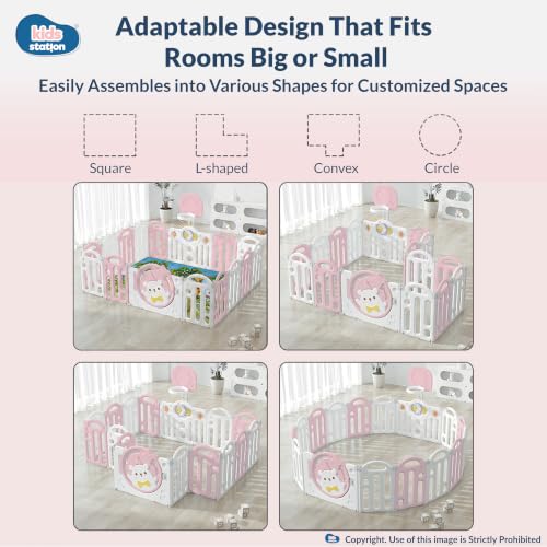 Image of Kids Station Pink Bear Baby Playpen 180 x 200 with Playmat, Basketball Hoop & 20 Balls, Spacious Safety Play Yard for Babies & Toddlers, Indoor /Outdoor Use, Sturdy Frame