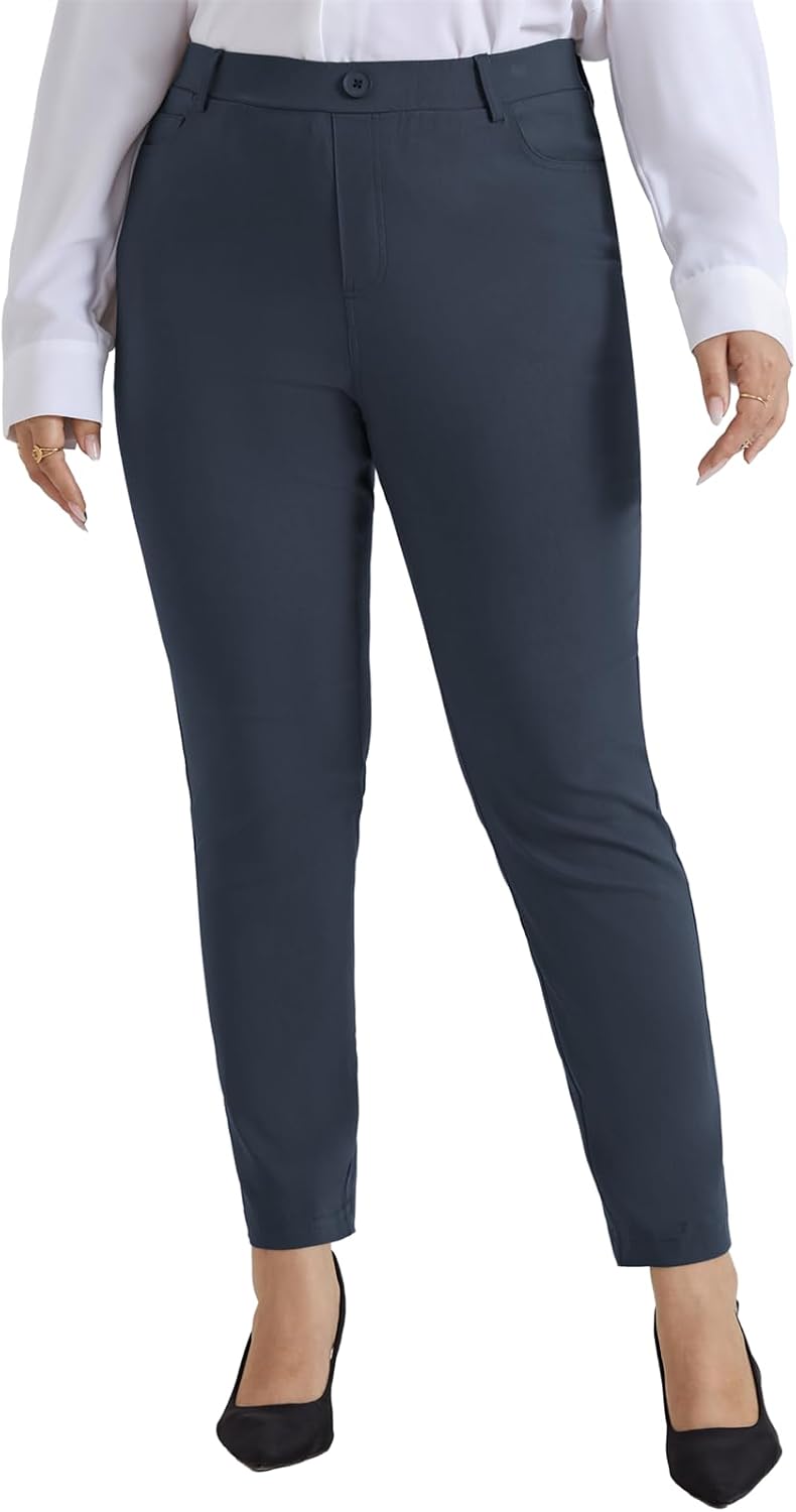 Hanna Nikole Plus Size Pants for Women Stretch Skinny Pull On Pants High Waisted Work Trousers with Pocket