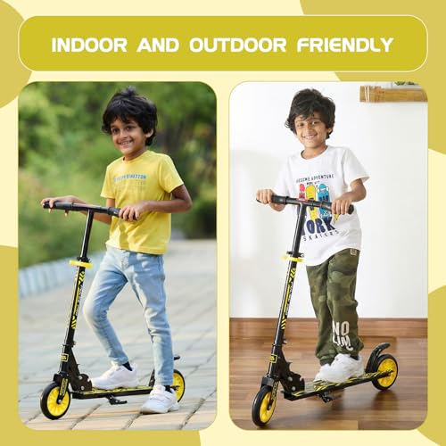 Image of Amazon Brand - Jam & Honey Kick Scooter | Foldable 2-Wheel Design with Rear Brake | 3-Height Adjustable Handlebar | BIS Certified | 50 kg Max Load | Neon Yellow | Ages 6-13 Years
