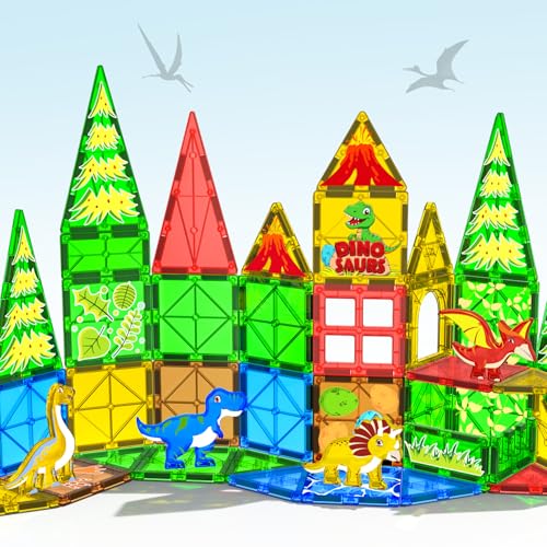 obakaer Dinosaur Toys Magnetic Tiles for Kids - STEM Magnet Building Blocks for 3-8 Year Old Boys & Girls, Creative Dino World Set Christmas Birthday Gifts