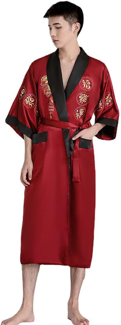 Robe for Men Dragon Embroidered Silk Satin Yukata Pajamas Kimono Bathrobe Sleepwear Night Gown
