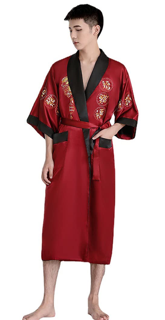EXPOING Bata para hombre, diseño de dragón, de satén, de seda bordada, de Yukata, Kimono de bata de baño, rojo vino, talla única