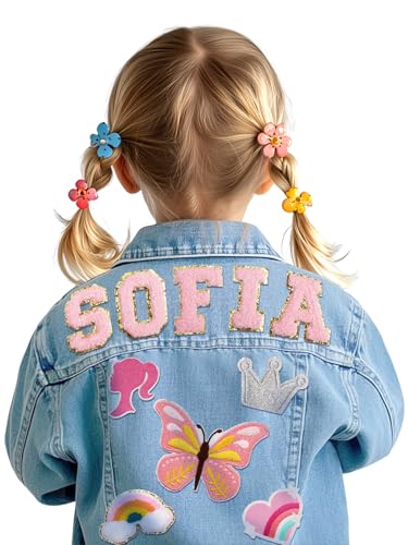 Personalized Kids Denim Jacket with Names - Girls Clothes for 1-8 Year Old - Back to School Gifts - Birthday Gifts for Toddlers Girls Boys - Custom Name Jacket with Cute Element Patches