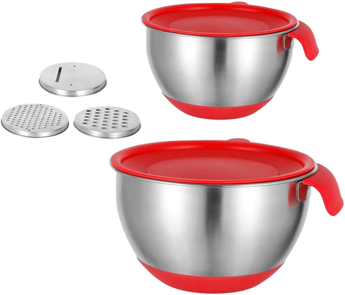Stainless Steel Mixing Bowls with Silicone Bottom and Red Handles, 18Cm 20Cm Diameter, Multi-Function Kitchen Salad and Noodle Bowls with Lettered Lids and 3pcs Grater Set for Food