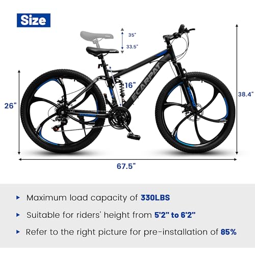 Image of Ecarpat 24 /26 Inch Mountain Bike, Full Suspension Mens Women Mountain Bike with 21 Speeds High-Carbon Steel Frame and Disc Brakes, Adult Sport Bicycle for Trail Snow Commuter City Road