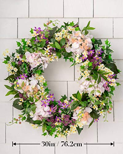 Balsam Hill Outdoor Enchanted Garden Artificial Large Wreath 30 Inches With Lifelike Colorful Blooms For Spring With Variegated Ivy, Mini Grape Leaves, Foam Berries, Faux Green Moss, And Pothos Leaves #TOP1