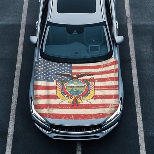 Image of Car Hood Cover American Flag and Ecuador Flag Theme Car Hood Protector Waterproof Universal Automotive Exterior Accessories Patriotic Decorations for Compact Vehicles Sedans Trucks SUVs