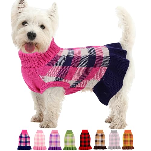 Image of Dog Sweater Dress Plaid Knitwear for Small Medium Dogs Warm Puppy Pet Turtleneck Stretch Pullover Cute Fall Winter Vest Clothes with Leash Hole for Christmas (Navy, XS)