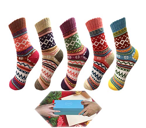 Women Winter Socks 5 Pairs Womans Socks Gift Box Vintage Warm Soft Thick Knit Wool Multicolor Socks Free Size Socks Gifts (Multi Color 8)