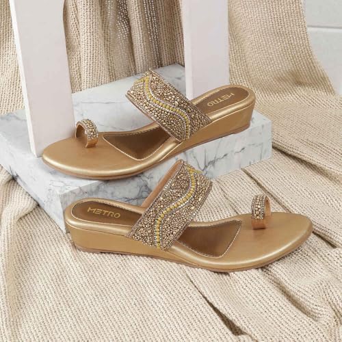 Image of Metro Women Synthetic Embellished Ethnic Wedge Party Sandal