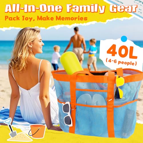 Stylish & Spacious XX-Large Beach Bag for Women – 12 Pockets, Foldable & Lightweight Mesh Tote, Includes 2 Carabiners3