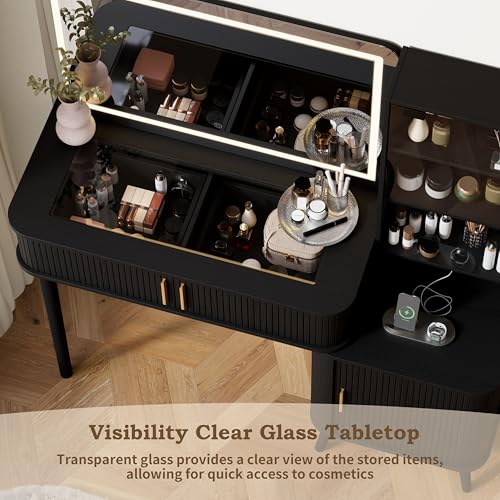 Image of 51 inch Fluted Makeup Vanity Desk with 4 Drawers & Adjustable Shelves,Dressing Table with Mirror and Lights, Large Vanity with Glass Top and Power Outlet for Bedroom (Black)